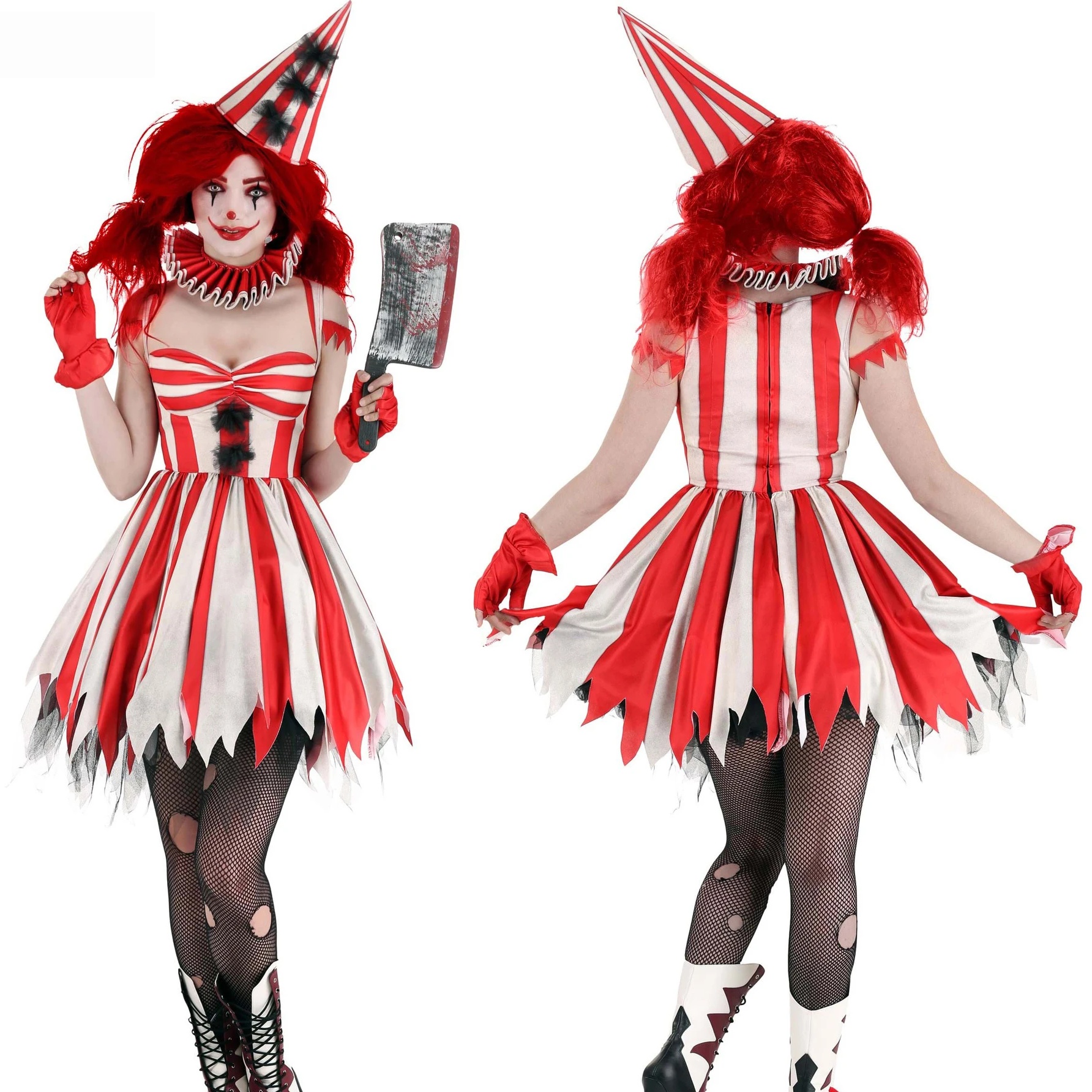 Adult Clown Costume Red And White Striped Dress with Party Hat Halloween Outfit